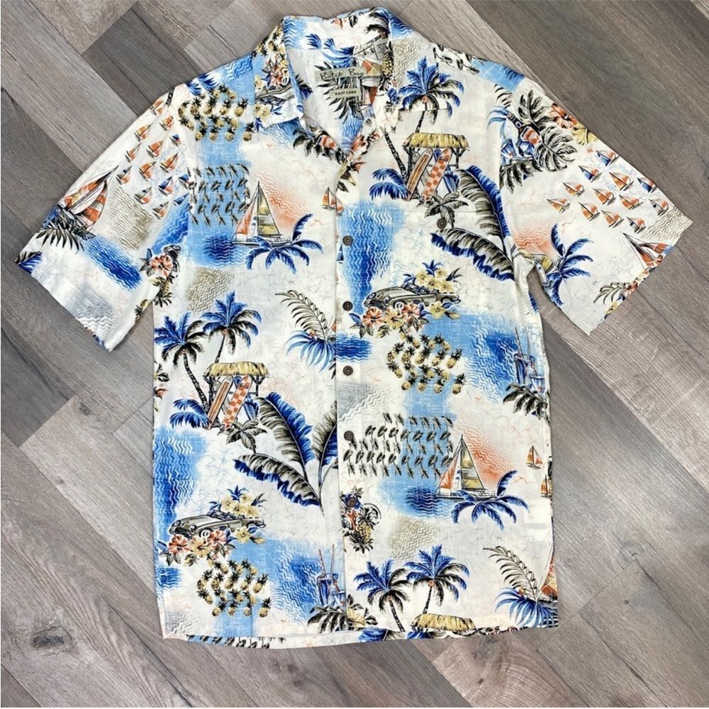 Batik Bay Tropical Print Hawaiian Camp Shirt Ivory Blue Mens Small